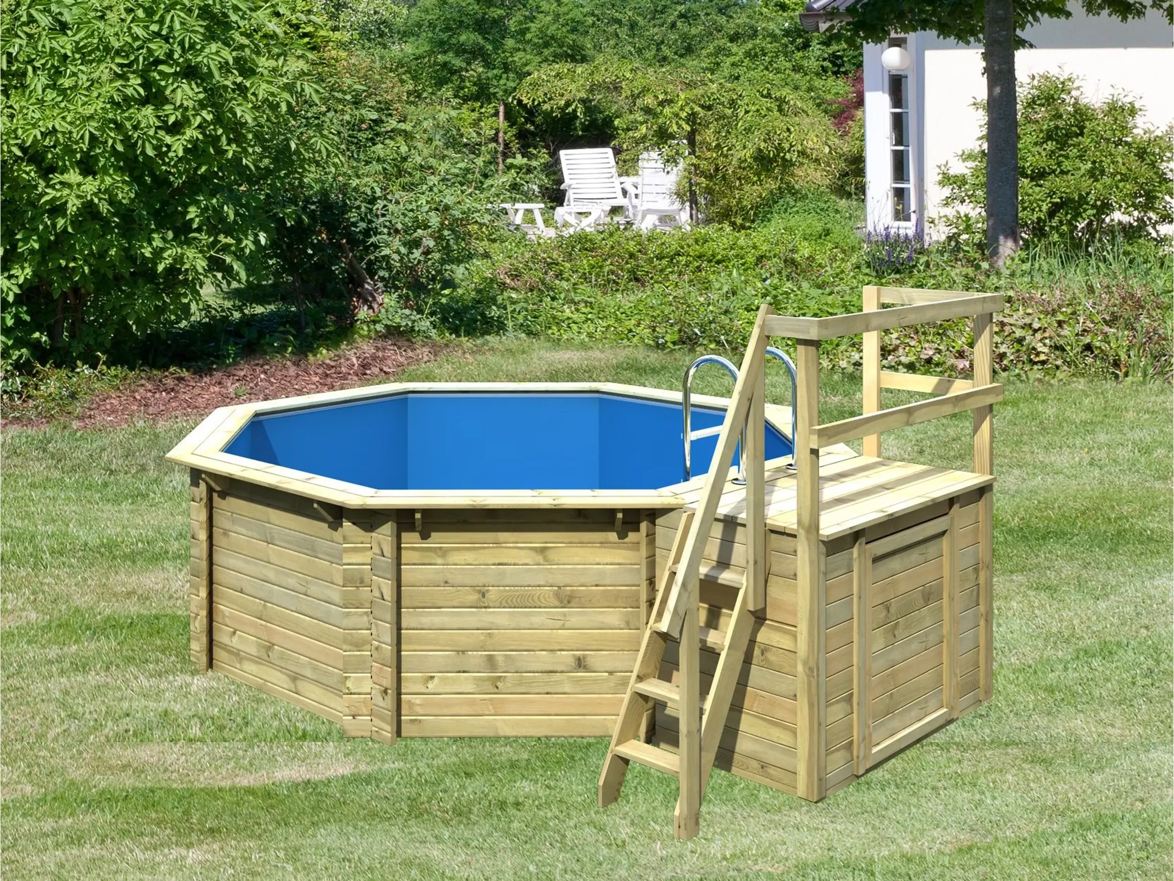 KARIBU Pool 1 Set B mit Skimmer und Sonnenterrasse Holzpool