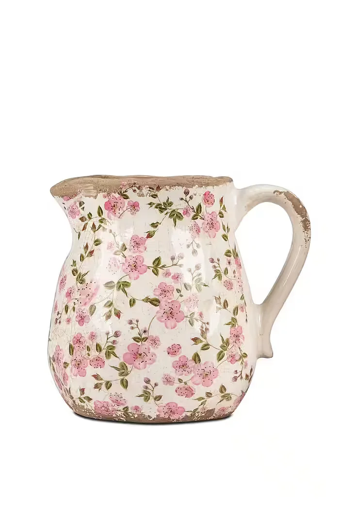 FORMANO Dekovase Krug Vintage Blüten antik weiß rosa 16 oder 19 cm