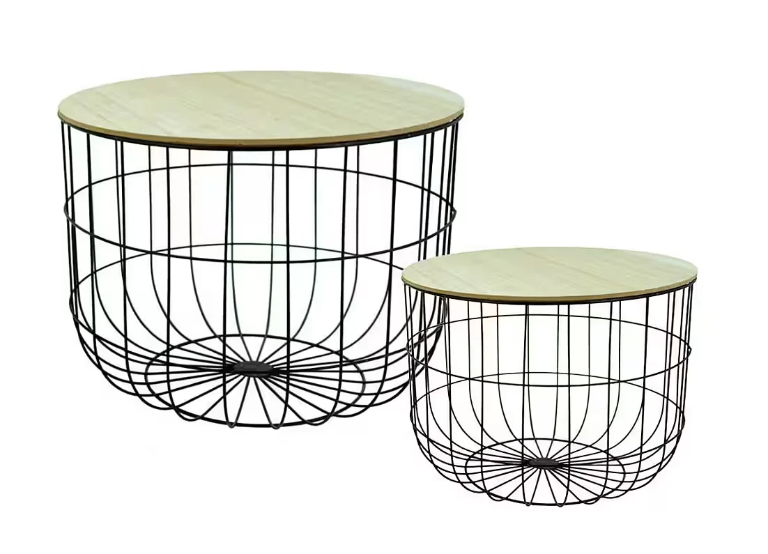 NOOR 2er Set Gartentisch Beistelltisch mit Holzplatte und Drahtkorb