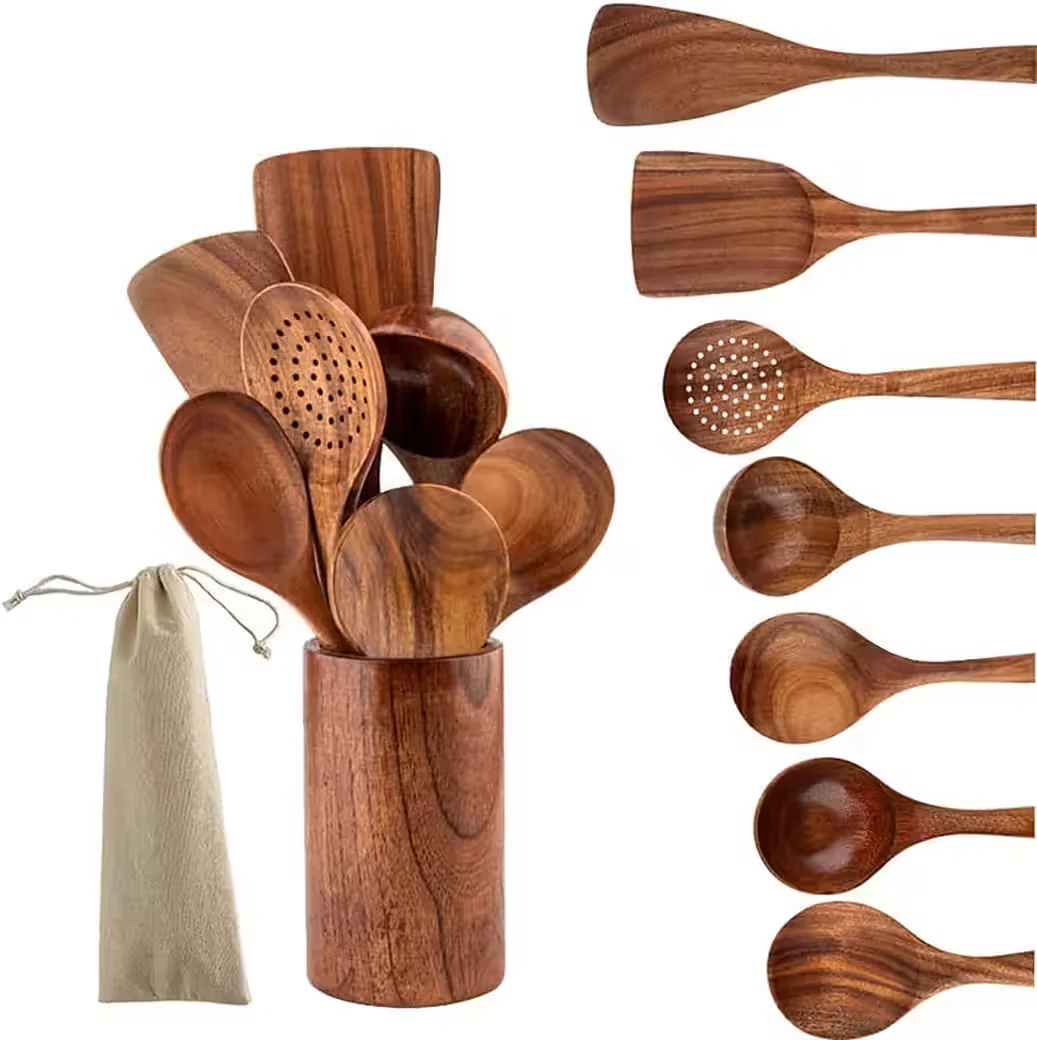 FAIZEE HOME Kochbesteck Set mit Halter aus Akazienholz 7-teilig