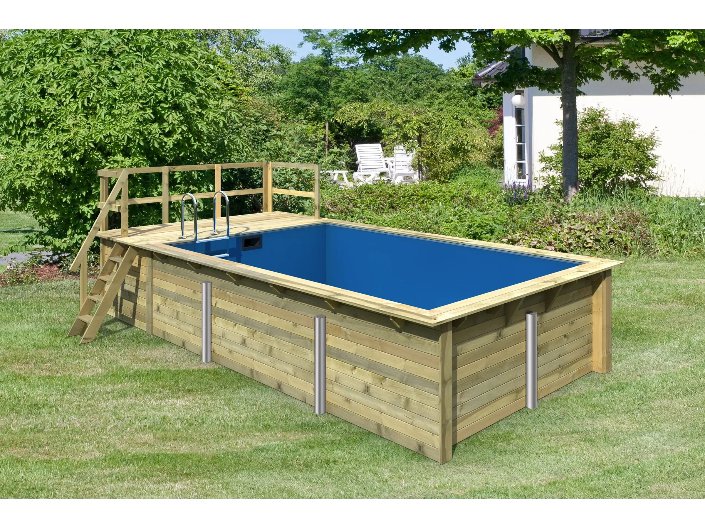 KARIBU Holzpool Größe 3 mit Terrasse KDI Innenhülle blau