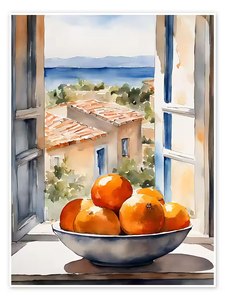 POSTERLOUNGE Wandbild Orangen in Schale mit mediterraner Aussicht