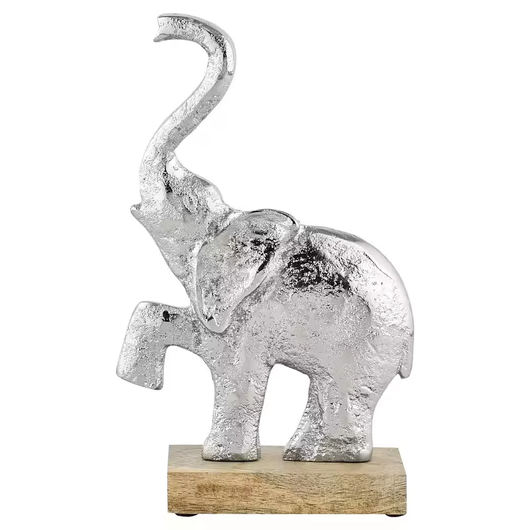 Tierfigur Dekofigur Mumba Elefant Silber Aluminium auf Holzsockel H21cm
