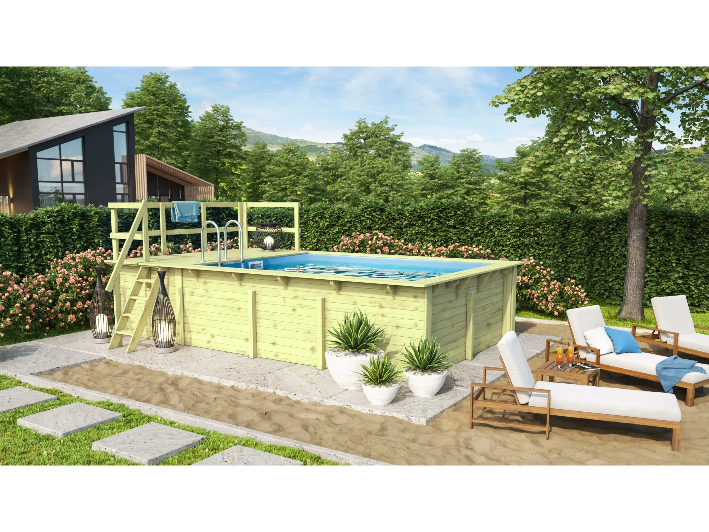 KARIBU Pool Größe 2 mit Terrasse, KDI, blaue Innenhülle