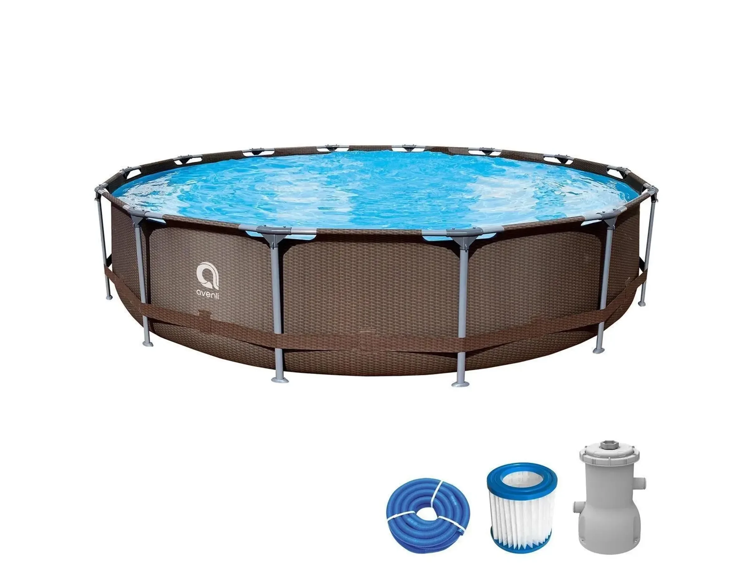 Avenli Frame Plus Stahlrahmenpool Set Rund 457 x 84 cm RattanBraun mit CleanPlus Filterpumpe und Reparaturaufkleber